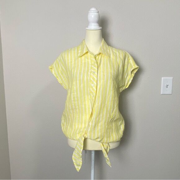 Talbots LINEN TIE HEM BUTTON FRONT TOP - SEASHORE STRIPE Women's Size Small - Picture 8 of 14